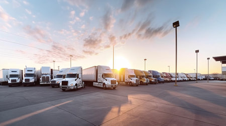 Fleet of trucks parked at parking lot yard of delivery company. Truck transport. Logistic industry. Freight transportation. Commercial truck for delivering goods from warehouse. Generative AI.の素材