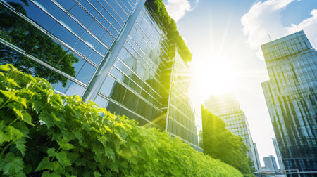 Eco-friendly building in the modern city. Sustainable glass office building with tree for reducing carbon dioxide. Office building with green environment. Corporate building reduce CO2. Generative AI.の素材