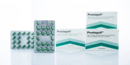 CHONBURI, THAILAND-OCTOBER 8, 2023: Prostagutt manufactured by Catalent Germany Eberbach GmbH. Saw Palmetto and Nettle extract capsule pill for Benign Prostatic Hyperplasia treatment. Wellness in BPH.のeditorial素材
