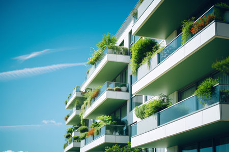 Eco-friendly building in the modern city. Sustainable glass office building with tree for reducing carbon dioxide. Office building with green environment. Corporate building reduce CO2. Generative AIの素材