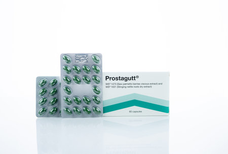 CHONBURI, THAILAND-OCTOBER 8, 2023: Prostagutt manufactured by Catalent Germany Eberbach GmbH. Saw Palmetto and Nettle extract capsule pill for Benign Prostatic Hyperplasia treatment. Wellness in BPH.のeditorial素材