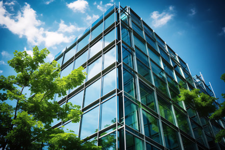 Eco-friendly building in the modern city. Sustainable glass office building with tree for reducing carbon dioxide. Office building with green environment. Corporate building reduce CO2. Generative AI.の素材