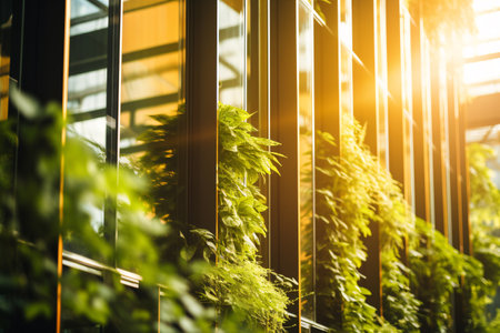 Eco-friendly building in the modern city. Sustainable glass office building with plant for reducing carbon dioxide. Office building with green environment. Corporate building reduce CO2. Generative AIの素材