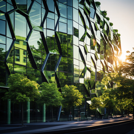 Eco-friendly building in the modern city. Sustainable glass office building with tree for reducing carbon dioxide. Office building with green environment. Corporate building reduce CO2. Generative AI.の素材