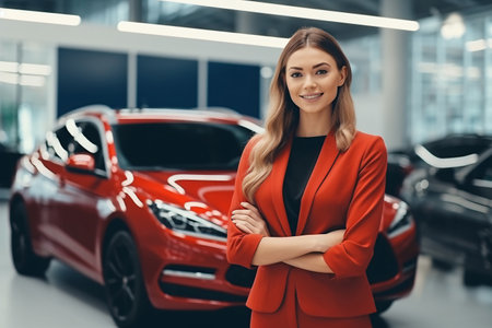 Professional luxury car saleswoman in luxury showroom. Auto dealership office. Car dealer business. Smiling woman in showroom. Expensive car. Automotive industry. Luxury car agent. Generative AI.の素材