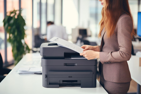 Office worker print paper on multifunction laser printer. Document and paperwork. Secretary work. Woman working in business office. Copy, print, scan, and fax machine. Print technology. Generative AI.の素材
