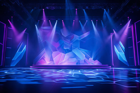 Modern dance stage light background with spotlight illuminated for modern dance production stage. Empty stage with dynamic color washes. Stage lighting art design. Entertainment show. Generative AI.の素材