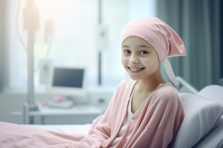 Happy cancer patient. Smiling girl after chemotherapy treatment at hospital oncology department. Leukemia cancer recovery. Cancer survivor. Smiling bald cute girl with a pink headscarf. Generative AI.の素材