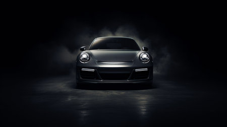 Luxury expensive car parked on dark background. Sport and modern luxury design gray car. Shiny clean lines and detailed front view of modern automotive. Automotive advertising banner. Generative AI.の素材