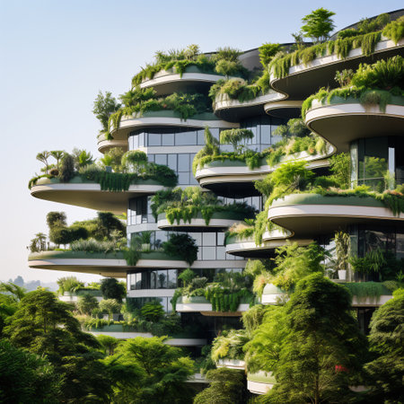 Green architecture. Sustainable glass office building with solar panels and vertical garden. Modern contemporary office building with green environment. Eco-friendly corporate building. Generative AI.の素材