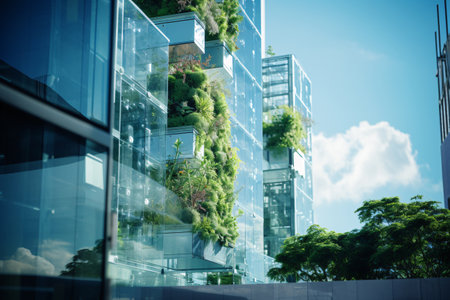 Eco-friendly building in the modern city. Sustainable glass office building with tree for reducing carbon dioxide. Office building with green environment. Corporate building reduce CO2. Generative AIの素材
