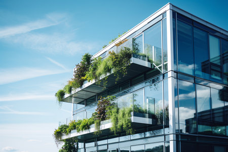 Eco-friendly building in the modern city. Sustainable glass office building with tree for reducing carbon dioxide. Office building with green environment. Corporate building reduce CO2. Generative AIの素材