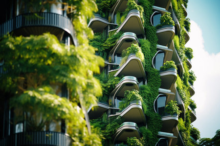 Sustainable green building in modern city. Green architecture. Eco-friendly building. Sustainable building with vertical garden reduce CO2. Futuristic building. Net zero emissions. Generative AI.の素材