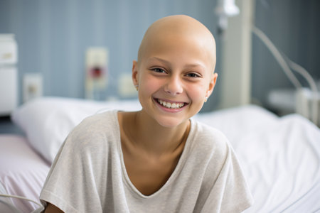 Happy cancer patient. Smiling girl after chemotherapy treatment at hospital oncology department. Leukemia cancer recovery. Cancer survivor. Portrait of a smiling bald cute teen girl. Generative AI.の素材