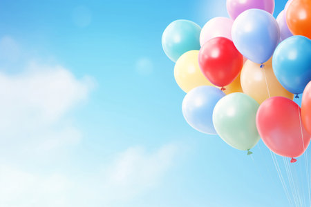 Multicolored balloons with helium on a blue sky abstract background. Concept of happy birthday, new year, party, wedding, valentine, happiness, joy, festival, holiday promotion banner. Generative AI.の素材