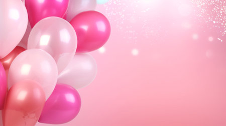 Pink balloons with helium on a pink abstract background. Concept of happy birthday, new year, party, wedding, valentine's day, love, happiness, joy, festival, holiday promotion banner. Generative AI.の素材