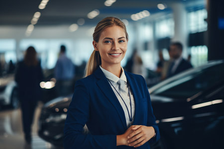 Professional luxury car saleswoman in luxury showroom. Auto dealership office. Car dealer business. Smiling woman in showroom. Expensive car. Automotive industry. Luxury car agent. Generative AI.の素材