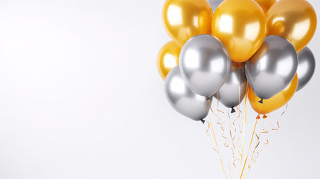 Shiny gold and silver color balloons with helium on white background. Concept of happy birthday, new year, party, wedding, valentine, happiness, joy, festival, holiday promotion banner. Generative AI.の素材