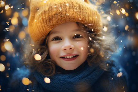 Cute girl on Christmas night. Child in winter holiday event on festive lights background. Kid wear sweater. Happy smile girl enjoy snow falling in winter holiday and New Year concept. Generative AI.の素材