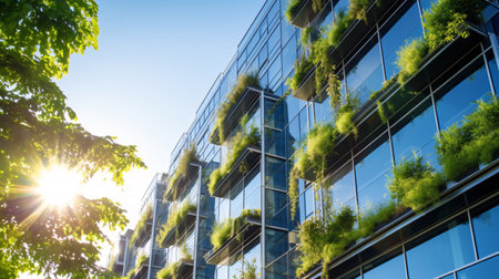 Eco-friendly building in the modern city. Sustainable glass office building with tree for reducing carbon dioxide. Office building with green environment. Corporate building reduce CO2. Generative AIの素材