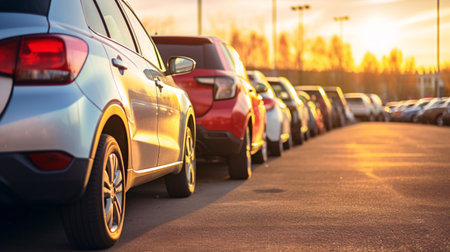 Car parked at outdoor parking lot. Used car for sale and rental service. Car insurance background. Automobile parking area. Car dealership and dealer agent concept. Automotive industry. Generative AI.の素材