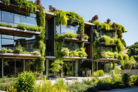 Eco-friendly building in the modern city. Sustainable glass office building with tree for reducing carbon dioxide. Office building with green environment. Corporate building reduce CO2. Generative AIの素材