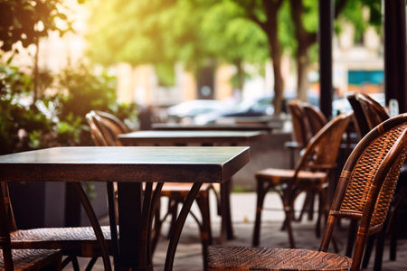 Outdoor table of coffee cafe and restaurant. Summer terrace on city street. Empty outside tables and chairs of outdoor cafe on blur green garden. Cozy outdoor zone cafe and restaurant. Generative AI.の素材
