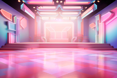 Empty stage light background with spotlight illuminated stage for concert or modern dance. Stage with pastel color decoration. Entertainment show. Night club stage with pink blue light. Generative AI.の素材