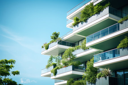 Eco-friendly building in the modern city. Sustainable glass office building with tree for reducing carbon dioxide. Office building with green environment. Corporate building reduce CO2. Generative AIの素材