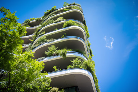 Eco-friendly building in the modern city. Sustainable glass office building with tree for reducing carbon dioxide. Office building with green environment. Corporate building reduce CO2. Generative AIの素材