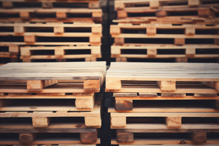 Stack of wooden pallet. Industrial wood pallet at factory warehouse. Cargo and shipping. Sustainability of supply chains. Eco-friendly and sustainable properties. Renewable wood pallet. Generative AI.の素材