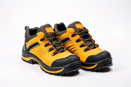 Pair of yellow safety leather shoes isolated on white background. Work shoes for men in factory or industry to protect foot from accident. Safety footwear. Oil and acid resistant shoes. Generative AIの素材