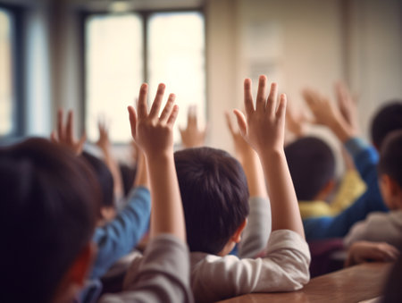 International Day of Education concept. Interactive classroom education. Students raise hands to answer question during class at school. Elementary student in classroom asking question. Generative AI.の素材