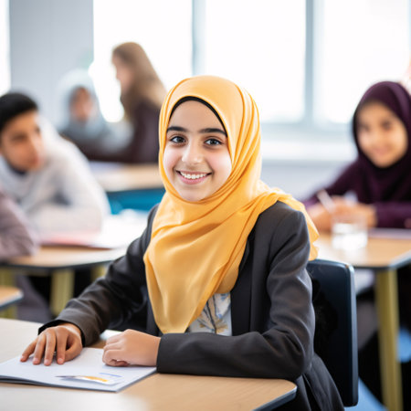 Smiling Arabic girl at school desk in modern classroom on International Day of Education. Happy Arabic student studying in a modern classroom. Elementary school girl in the classroom. Generative AI.の素材