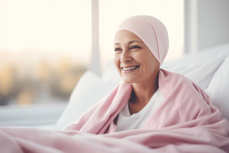 Happy cancer patient. Smiling woman after chemotherapy treatment at hospital oncology department. Breast cancer recovery. Breast cancer survivor. Smiling bald woman with pink headscarf. Generative AI.の素材