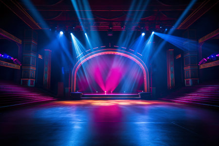 Theater stage light background with spotlight illuminated the stage for opera performance. Stage lighting. Empty stage with bright colors backdrop decoration. Entertainment show. Generative AI.の素材