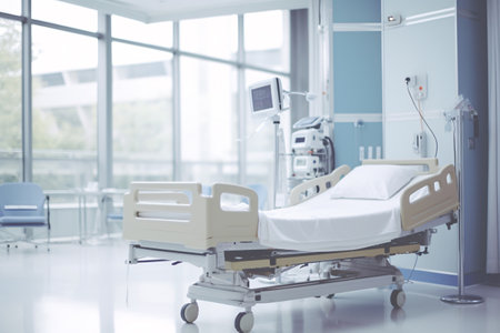 Hospital bed in emergency room blurred background. Abstract blurred medical clinic interior. Medical emergency room in luxury hospital. Healthcare and medical center background. Generative AI.の素材