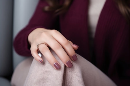 Glamour woman hand with deep berry and plum nail polish on fingernails. Nail manicure with gel polish at luxury beauty salon. Nail art and design. Female hand model. French manicure. Generative AI.の素材