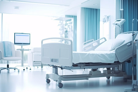 Hospital bed in emergency room blurred background. Abstract blurred medical clinic interior. Medical emergency room in luxury hospital. Healthcare and medical center background. Generative AI.の素材