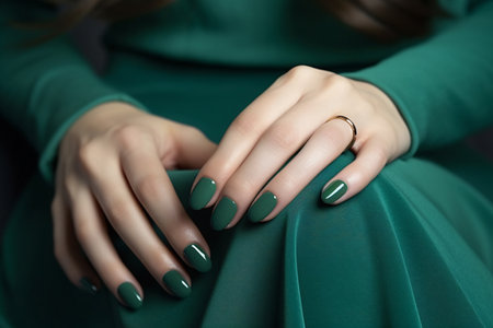 Glamour woman hand with green color nail polish on her fingernails. Green nail manicure with gel polish at luxury beauty salon. Nail art and design. Female hand model. French manicure. Generative AI.の素材