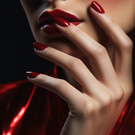 Glamour woman hand with classic red nail polish on her fingernails. Red nail manicure with gel polish at luxury beauty salon. Nail art and design. Female hand model. French manicure. Generative AI.の素材