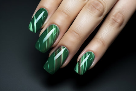 Glamour woman hand with green color nail polish on her fingernails. Green nail manicure with gel polish at luxury beauty salon. Nail art and design. Female hand model. French manicure. Generative AI.の素材