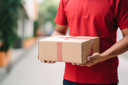 Delivery courier service. Delivery man in red uniform holding a cardboard box delivering to door of customer home. A man postal delivery man delivering package. Home delivery concept. Generative AI.の素材
