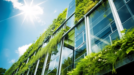 Eco-friendly building in the modern city. Sustainable glass office building with tree for reducing carbon dioxide. Office building with green environment. Corporate building reduce CO2. Generative AIの素材