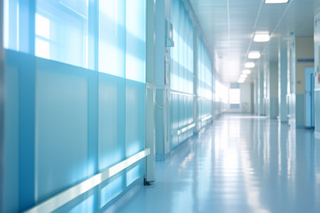 Blurred empty modern hospital corridor background. Abstract blurred clinic hallway interior. Entrance of medical emergency room in hospital. Healthcare and medical center background. Generative AI.の素材