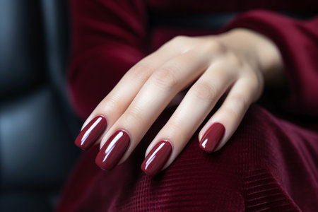 Woman hand with burgundy color nail polish on her fingernails. Burgundy nail manicure with gel polish at luxury beauty salon. Nail art and design. Female hand model. French manicure. Generative AI.の素材