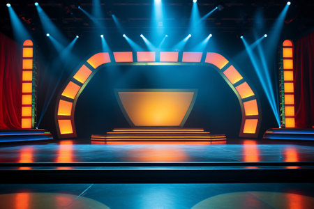 Theater stage light background with spotlight illuminated the stage for opera performance. Stage lighting. Empty stage with bright colors backdrop decoration. Entertainment show. Generative AI.の素材