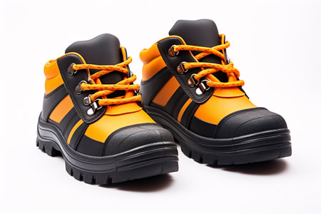Pair of orange safety leather shoes isolated on white background. Work shoes for men in factory or industry to protect foot from accident. Safety footwear. Oil and acid resistant shoes. Generative AIの素材