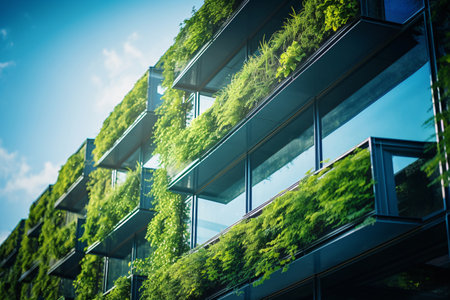 Eco-friendly building in the modern city. Sustainable glass office building with tree for reducing carbon dioxide. Office building with green environment. Corporate building reduce CO2. Generative AIの素材