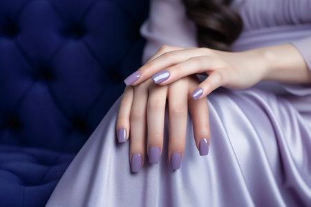 Woman hand with lavender color nail polish on her fingernails. Purple nail manicure with gel polish at luxury beauty salon. Nail art and design. Female hand model. French manicure. Generative AI.の素材